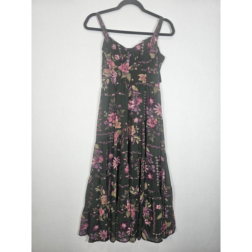 Cottagecore Francesca's Floral Maxi Dress Women XS Green Purple Tiered Smocked